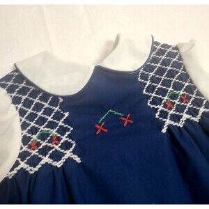 Polly Flinders Heidi Smocked Shift Dress 1970s Cross stitch Cherries Swedish